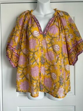 Velvet Yellow Floral Peasant Blouse with Pink Accents
